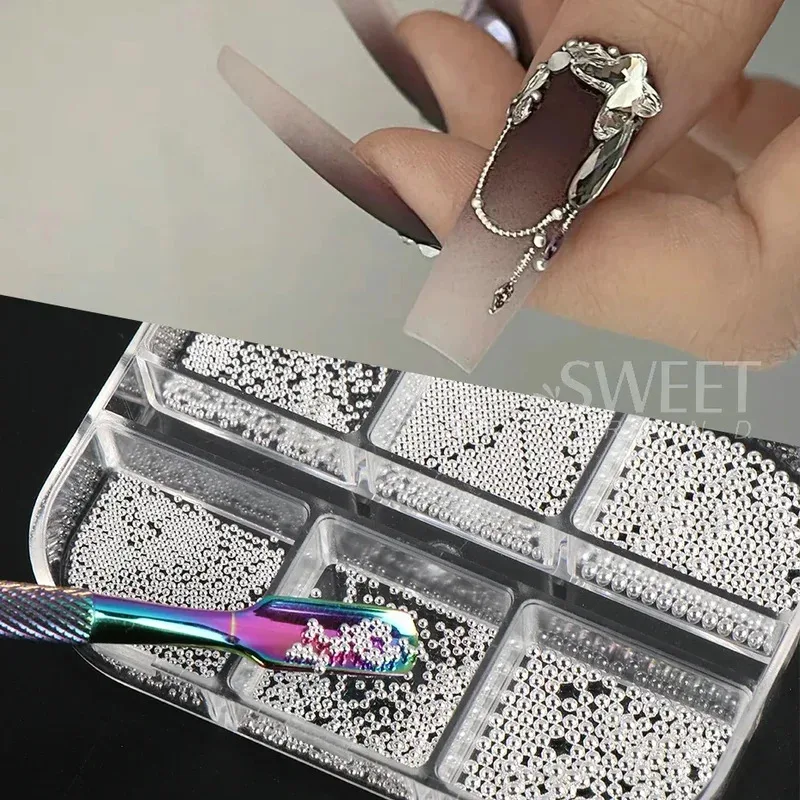 6 Grid Mini Caviar Nail Beads 0.6-2mm silver Stainless Steel Beads Jewelry Metal Balls DIY Pendant Accessories Nail Art Decorati image 4