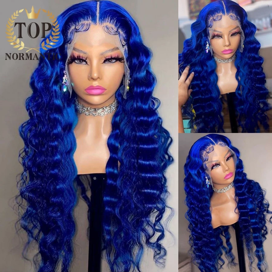 

Topnormantic Blue Color Deep Wave Wig with Baby Hair 13x6 Lace Front Remy Brazilian Human Hair Wigs for Black Women