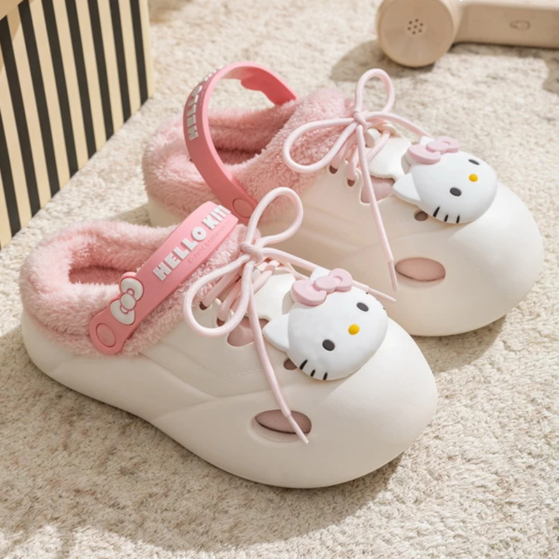 Genuine Sanrio Pochacco Hello Kitty Plush Slippers Kuromi Warm Winter Indoor Slippers Flat Casual Non-slip Girl Home Shoes