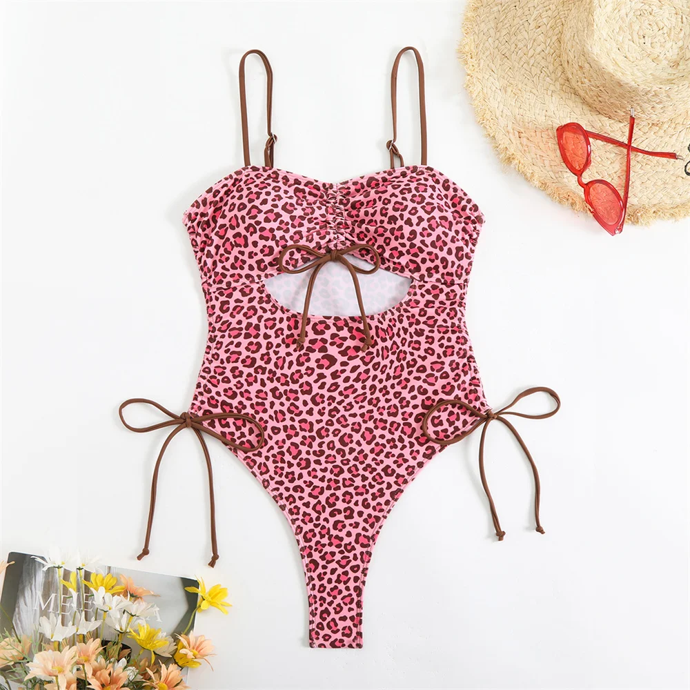 

Pink Leopard Bikini Drawstring Hollow Out Sling Swimsuit Extreme Monokini Y2K Vacation Swimwears Women Bathing Suit Beach Outfit