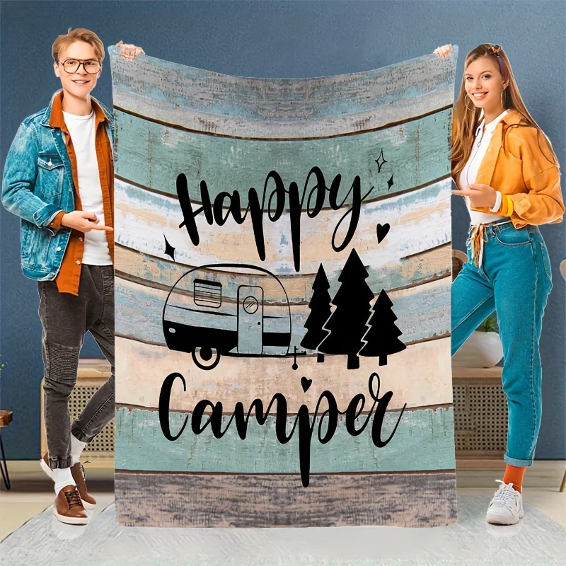 

Фланелевое одеяло с дизайном Happy Camper с цифровой печатью, универсальное для всех сезонов, идеально подходящее для использования на диванах и кроватах