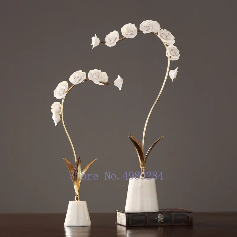 Ceramics Artificial Flower Bouquet Decoration Metal Flower Pot Marble Crafts Furnishings Ceramic Orchid Modern Home Decoration