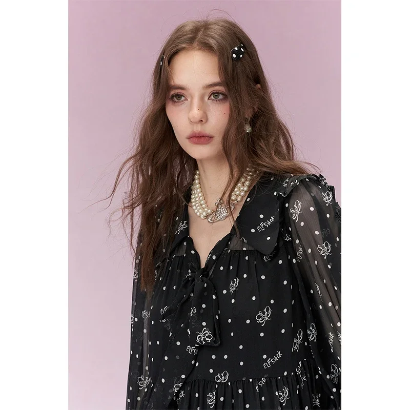 ELFSACK Black Polka Dot Ruffle Dress Women Gothic Bow Collar Chiffon Mini Dress for Party Streetwear