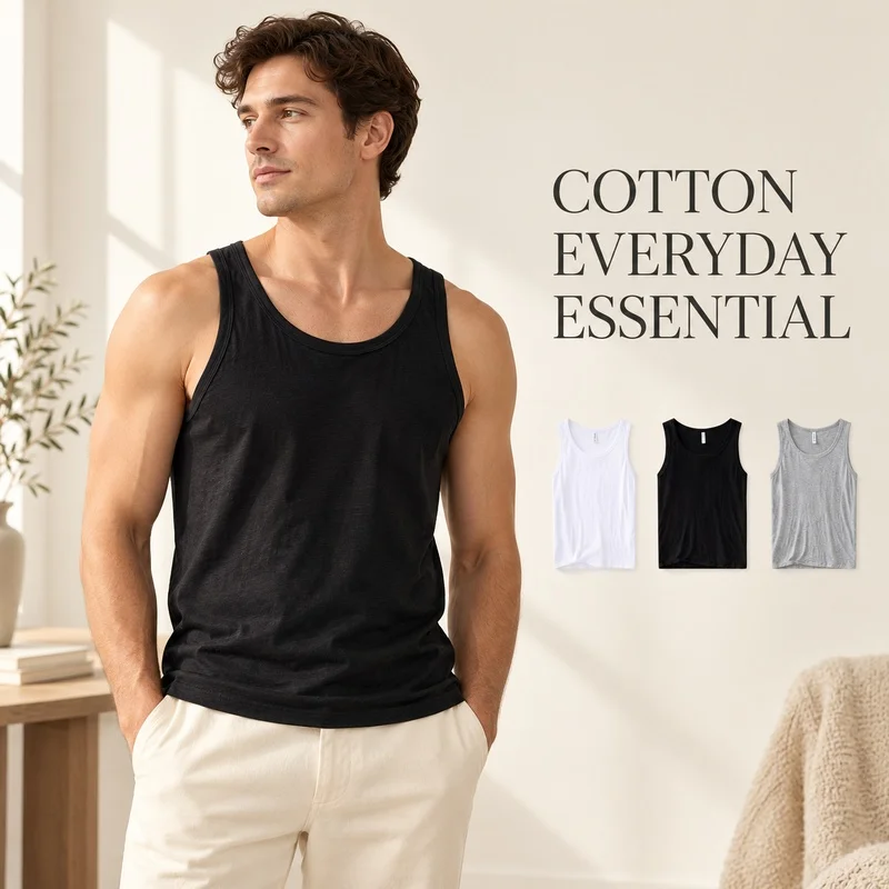 Mens Cotton Sleeveless Scoop Neck Tank Top Solid Color Casual Undershirt with Straight Hem for Daily Layering and Home Wear