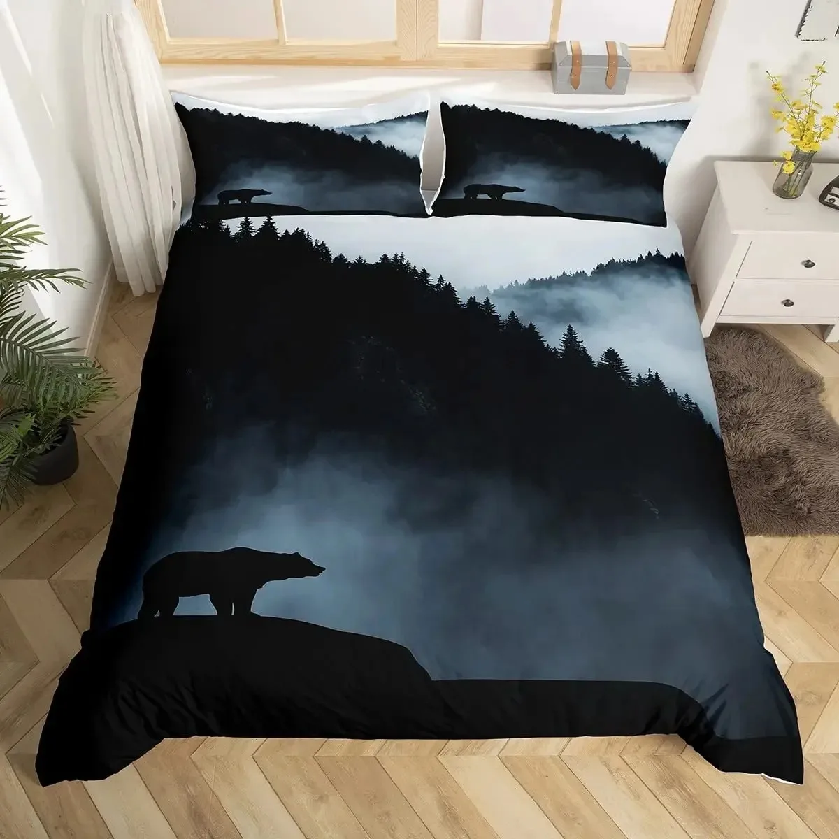 Smoky Mountain Duvet Cover Set Misty Forest Bedding Set Full Queen Size Grey Trees Natural Scenery Art Comforter Cover