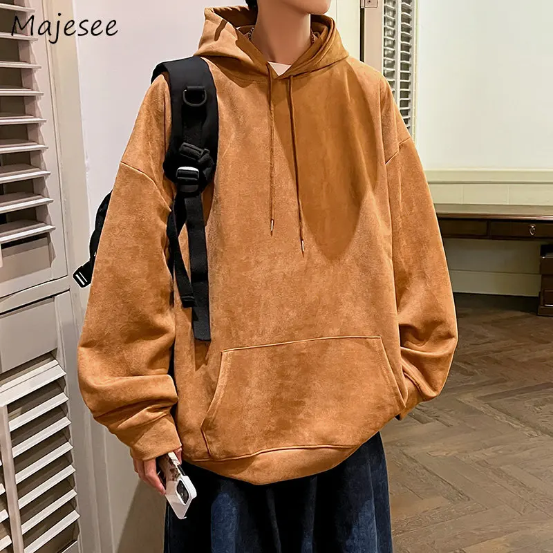 

Hoodies Men Front Pockets Hooded Clothing Retro American Outwear High Street Solid Minimalist Cool Handsome Hip Hop Casual Cozy