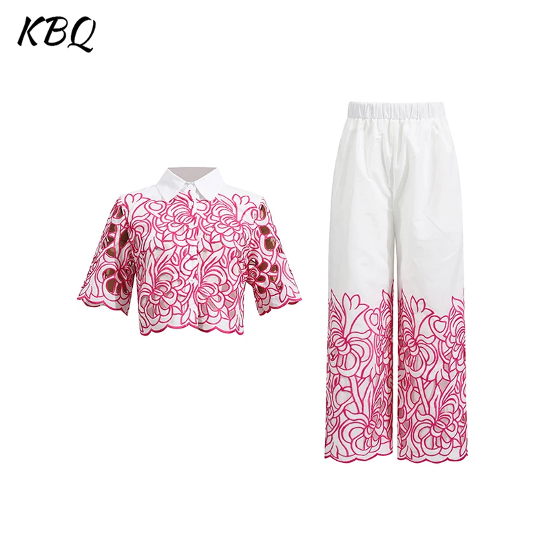 

KBQ Embroidery Two Piece Sets for Women Lapel Short Sleeve Short Tops High Waist Long Pants Chic Set Female Fashion Style New