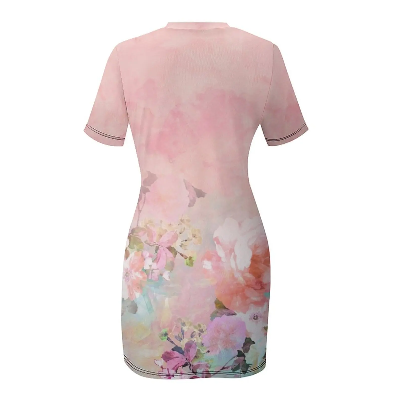 Pastelowy róż w stylu akwareli, ombre, kwiatowy wzór akwarelowy, sukienka z krótkim rękawem, sukienki na studniówkę, sukienki na wesele, sukienka