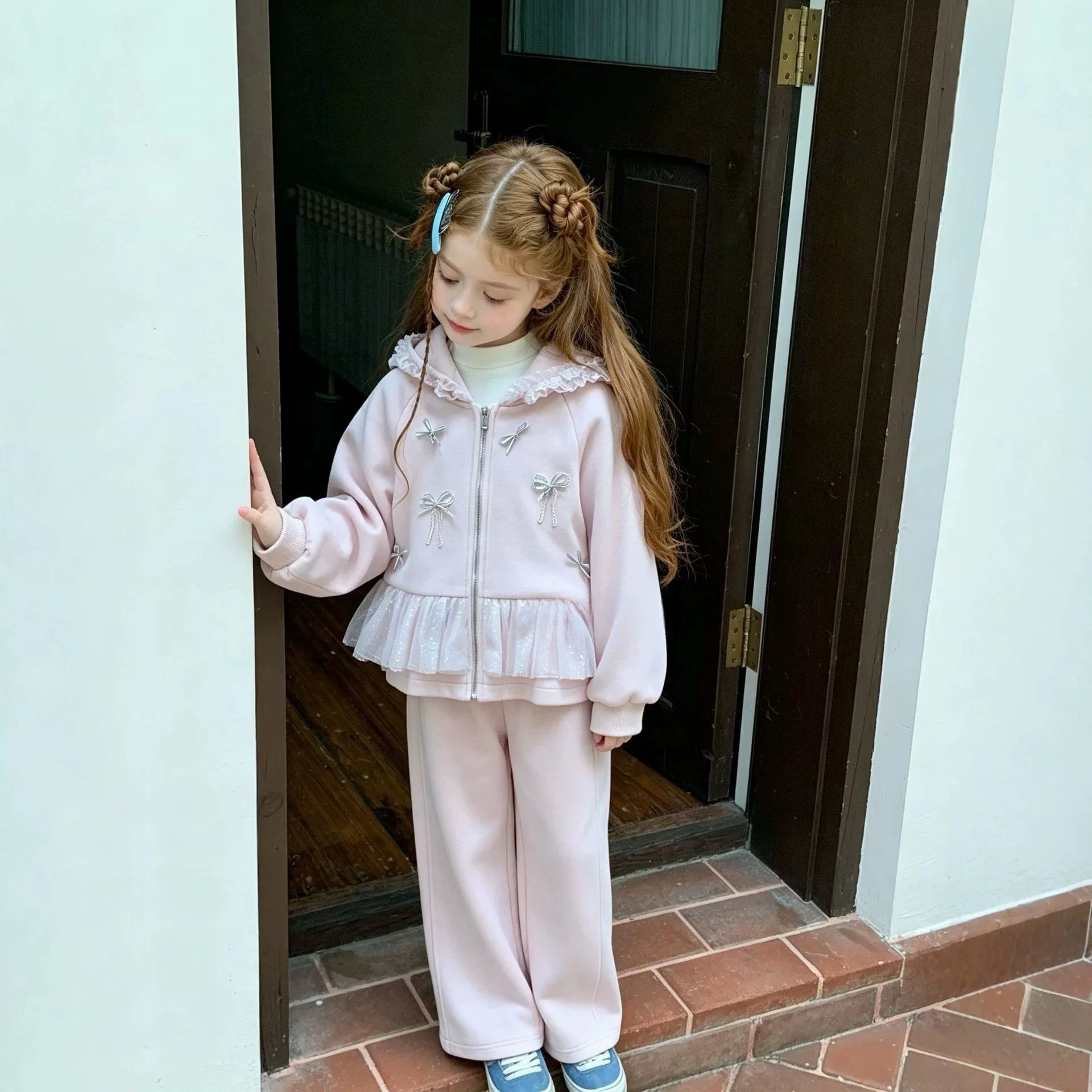 Children's Clothing Girls' Autumn New Set Hooded Sweatshirt Two-piece Set Sweet Bow Long Sleeved Sweatshirt Pants