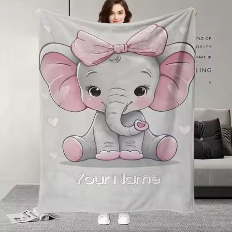 Custom Name Elephant Pattern Blanket - Adorable Pink Elephant Cartoon with Hearts, Birthday Gift , Personalized Gift Idea