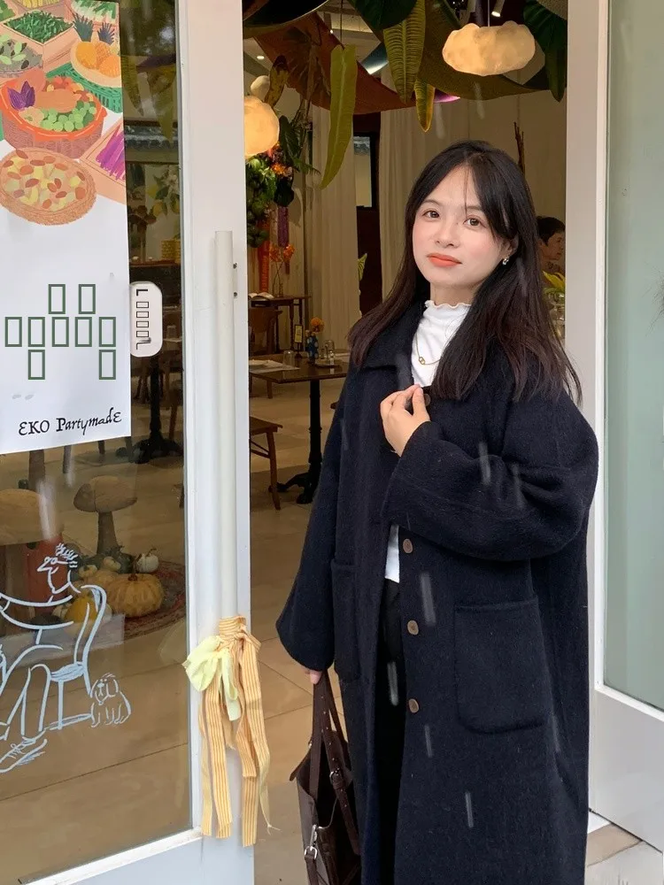 

PERRY 00% Wool Long Coat Small Collar ort Size Women's Winter Faion Premium Quali Woolen Outerwear X XS Size