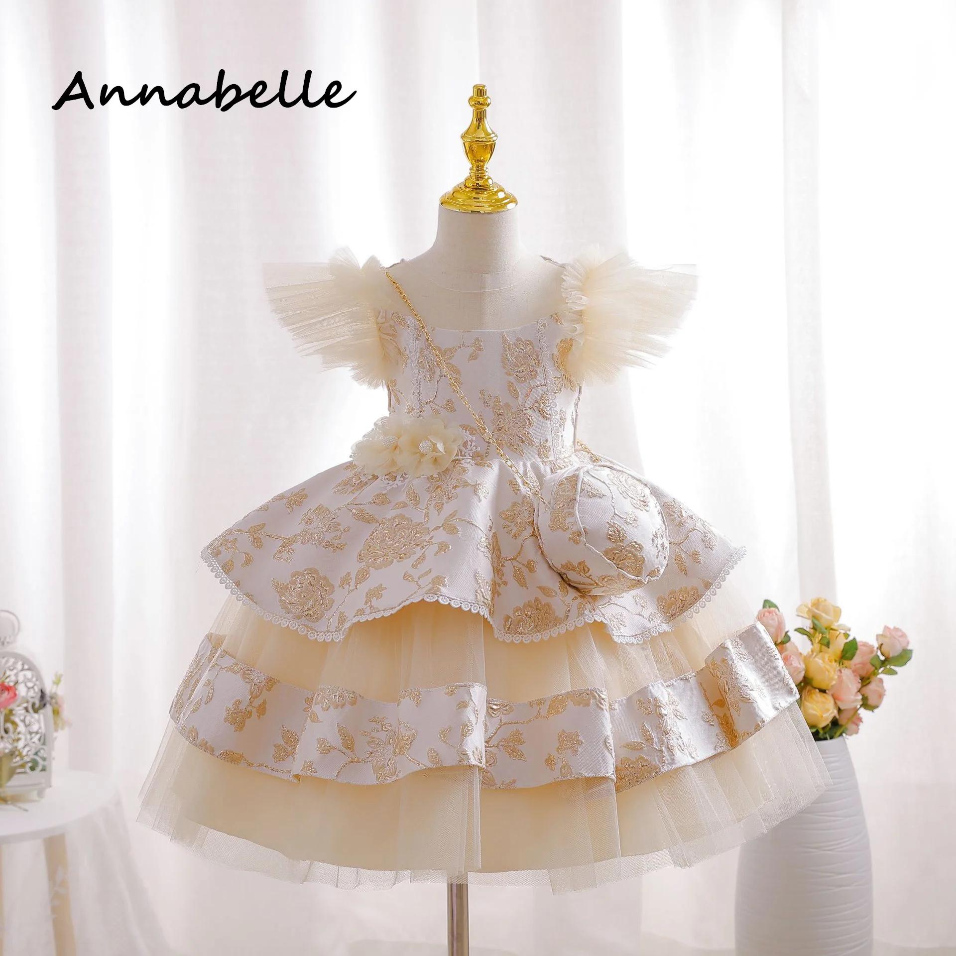 Annabelle-Robe fleurie à nœud pour bébé fille, tenue de soirée de mariage, vêtements de princesse gonflés colorés pour enfants