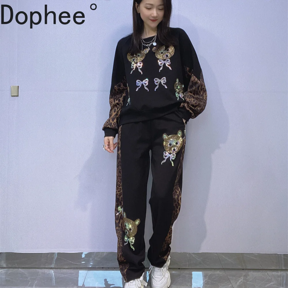 

Fashion Autumn Women Hoodie Sets Leopard Stitching Cute Bears Hot Drilling Long Sleeve Pullover Top + Casual Sports Pants Suits