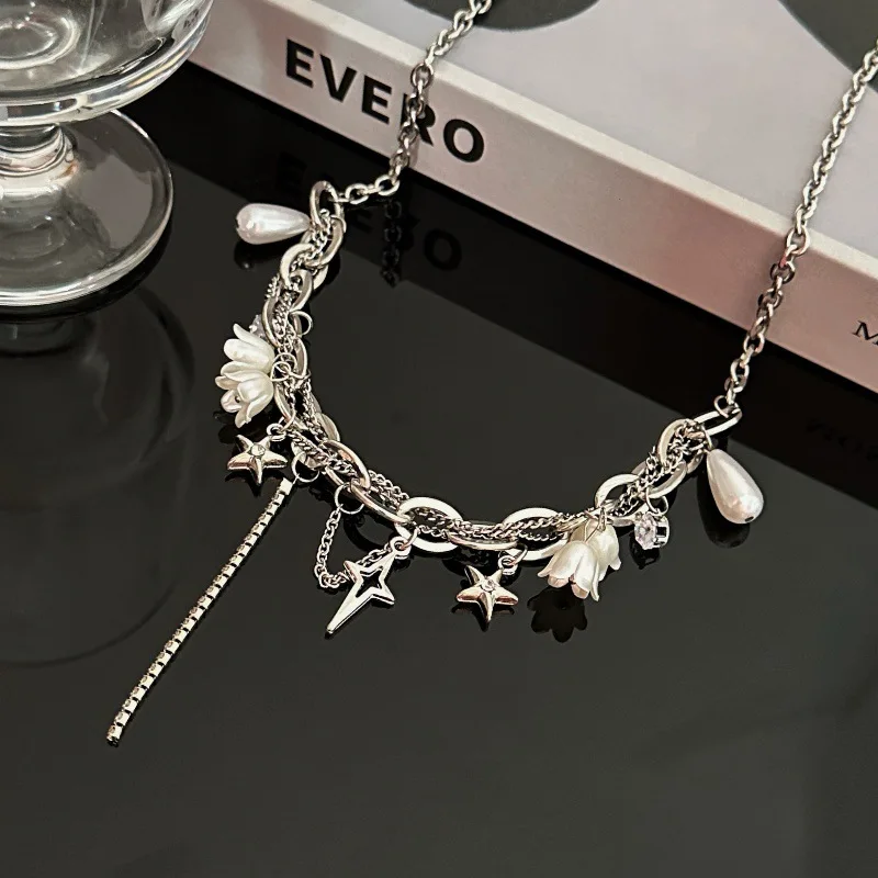 2024 spring and summer flower fringed necklace women's light luxury niche high-end pearl water drop neck chain choker collarbone