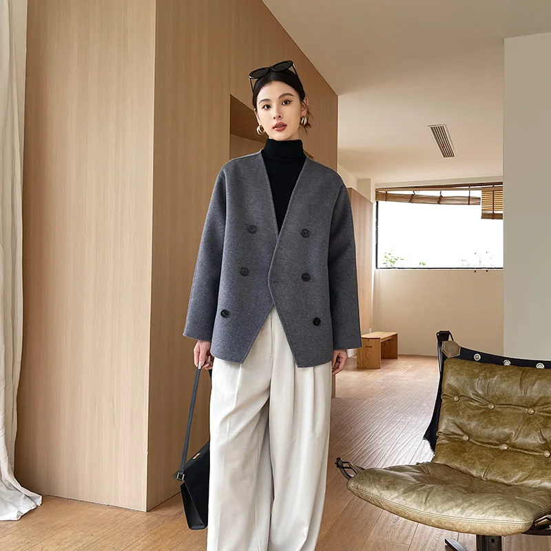 100% women\'s wool coat, double-sided, warm, high-end, loose, Korean style, short, 2024 autumn and winter new coat