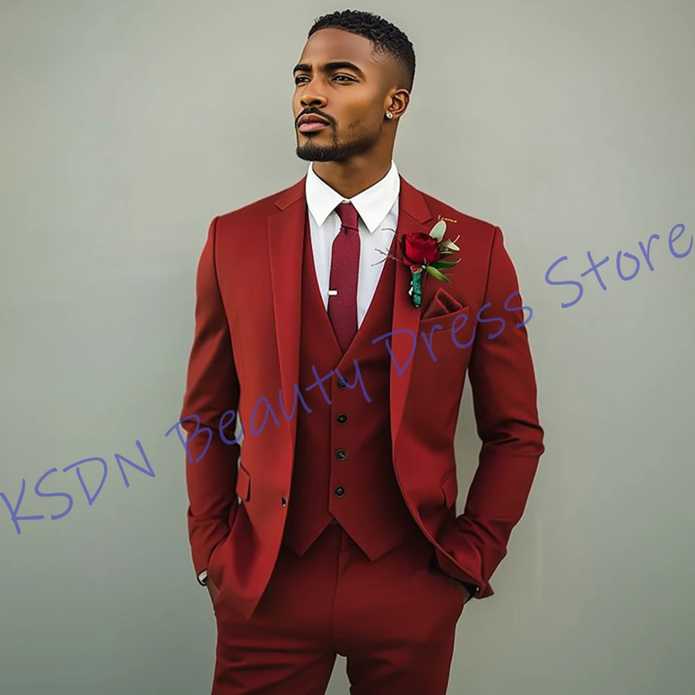

Formal Men's Suits Burgundy Three-Piece Set Slim Fit Single Button Notch Lapel Blazer Wedding Groom Evening Party Costume