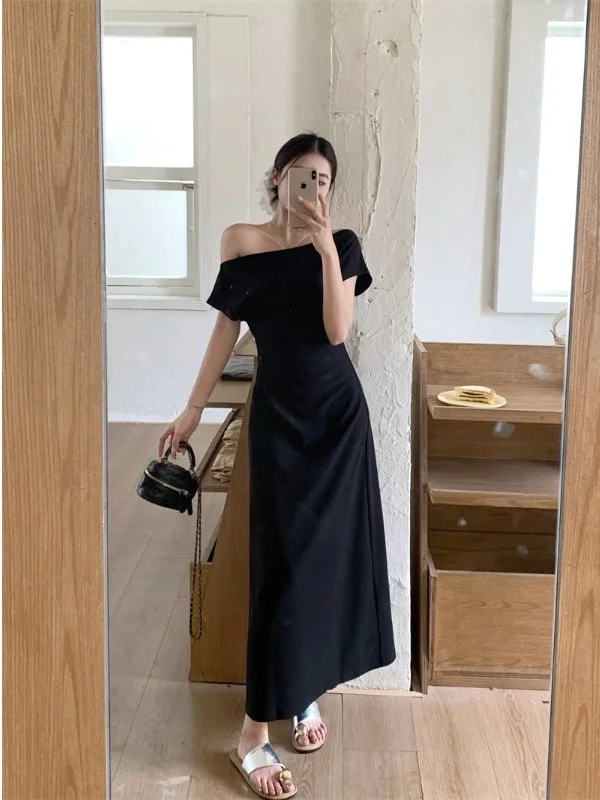 

plus Size Shoulder Bared Short Sleeve Dress Elegant Slimming High Waist A-Line Summer New Style Korean Commute Wind Dress