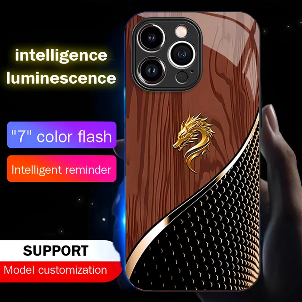 

Luxury Wood Grain Dragon Luminous Glass LED Call Light Up Flash Phone Case For iPhone Air 17 16 E 15 14 13 12 11 Pro Max Plus