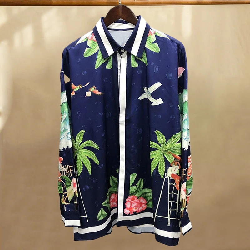 Spring Fashion Long Sleeve Holiday Print Shirt For Men Retro Contrast Print Shirt Hip Hop Party Stagewear Social Hawaii Shirt