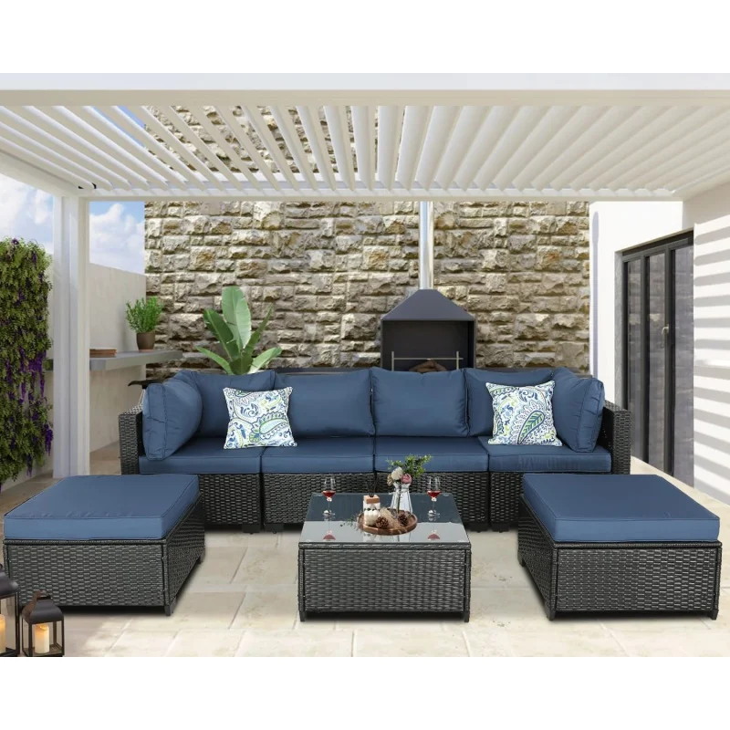 Qpatio outdoor PE wicker furniture patio rattan sectional conversation sofa set (navy blue,