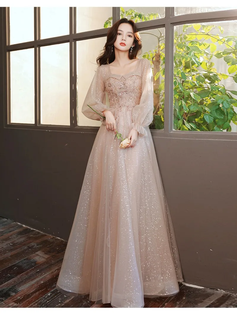 

Women Lace Up Tulle Wedding Party Gowns French Style Square Collar Long Sleeve Long Evening Dress Beading Sequined Prom Dresses