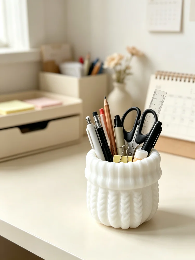 Neutral Style White Knitted Sweater Texture Multifunctional Storage Tube, Three-Dimensional Embossed Cable Knit Design Desktop Pen Holder Storage Box, Matte Texture, Simple Nordic Bohemian Style, Can Be Used for Stationery Storage, Makeup Brush Storage, Dressing Table Storage, Suitable for All Desktop Spaces, Space-Saving Decorative Storage Two-In-One Ornament, Teacher Gift, Student Gift, Housewarming Gift, Women's Birthday Creative Gift