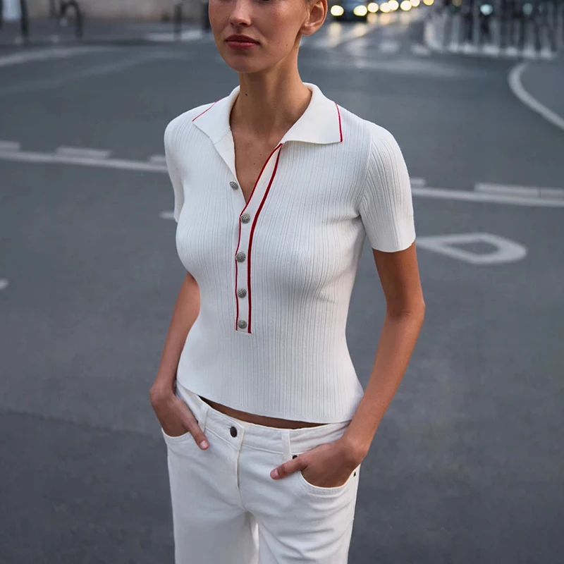 

Tornova Short Sleeve Knitted T shirt Women's Fashion Contrast Lapel Rib Knit Top Slim Elegant Commuting Summer 2026 New T shirt
