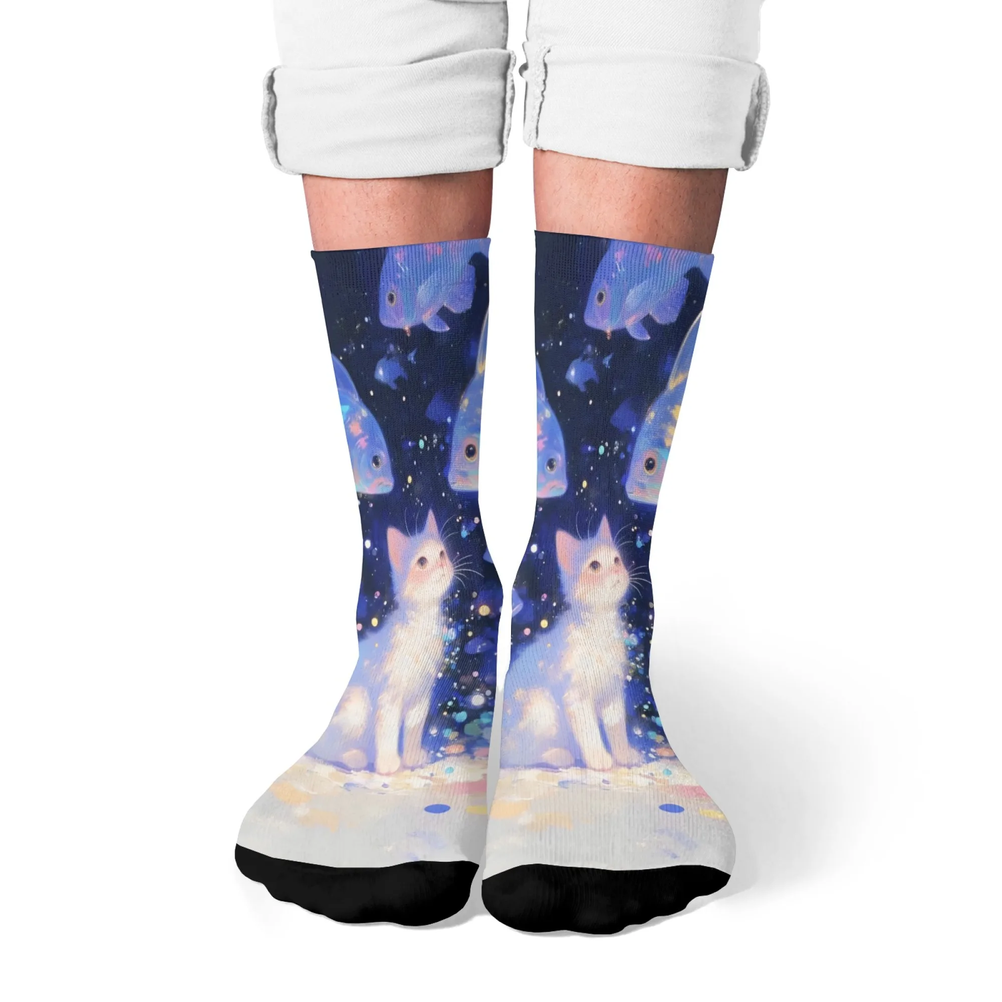 

Cartoon Star Sea Cat and Fish Theme Men's Socks Comfortable Breathable Non-slip Casual Socks Harajuku Retro Street Crew Socks