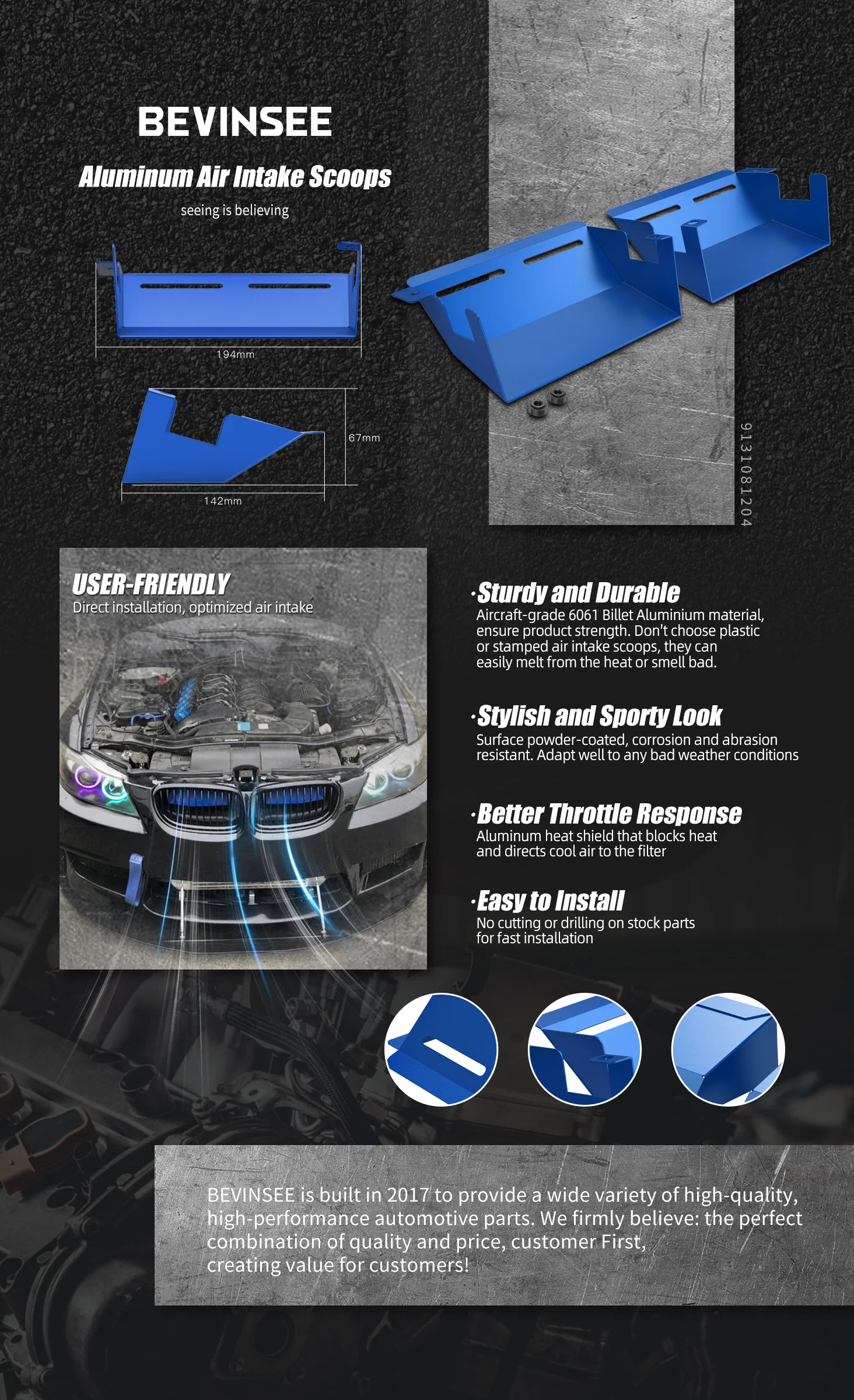 BEVINSEE Aluminium-Lufteinlässe für 3er BMW E90/E92/E93 323i 325i 328i 330i 335i 335d 2007-2012 – Detail 5