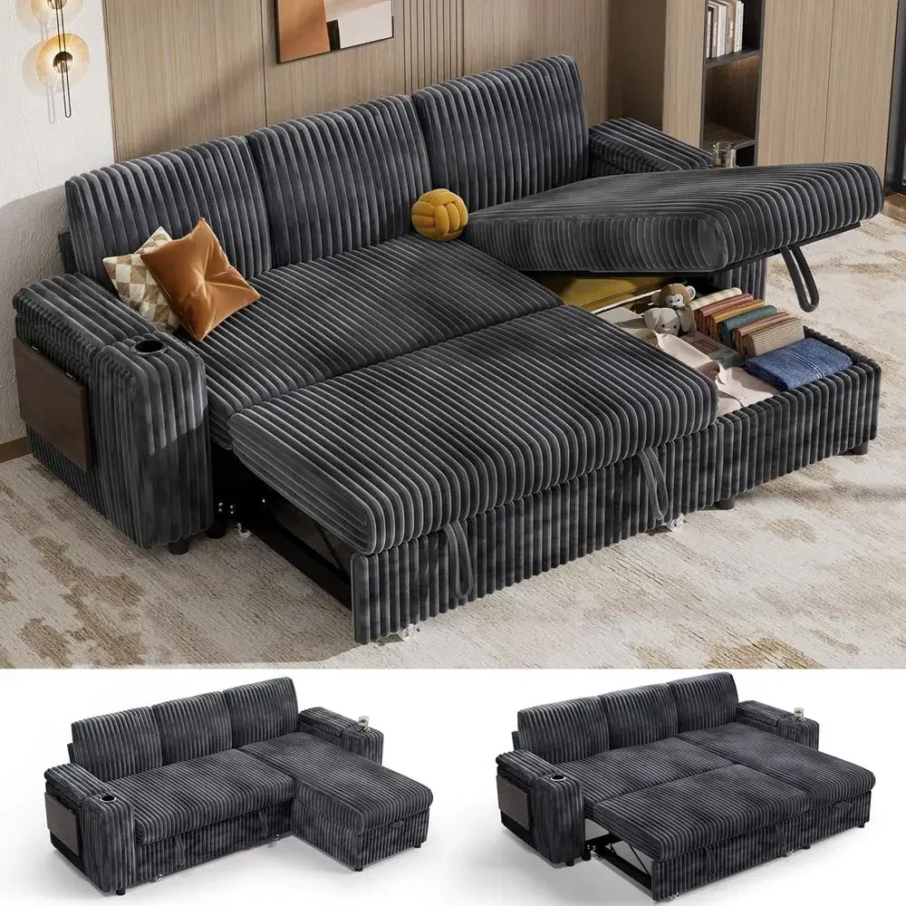 86 Grey Sectional Sleeper Sofa with Pull-Out Bed, 3-Seat Corduroy L-Shaped Couch, Storage Chaise, USB Ports, Cup Holders, Side T
