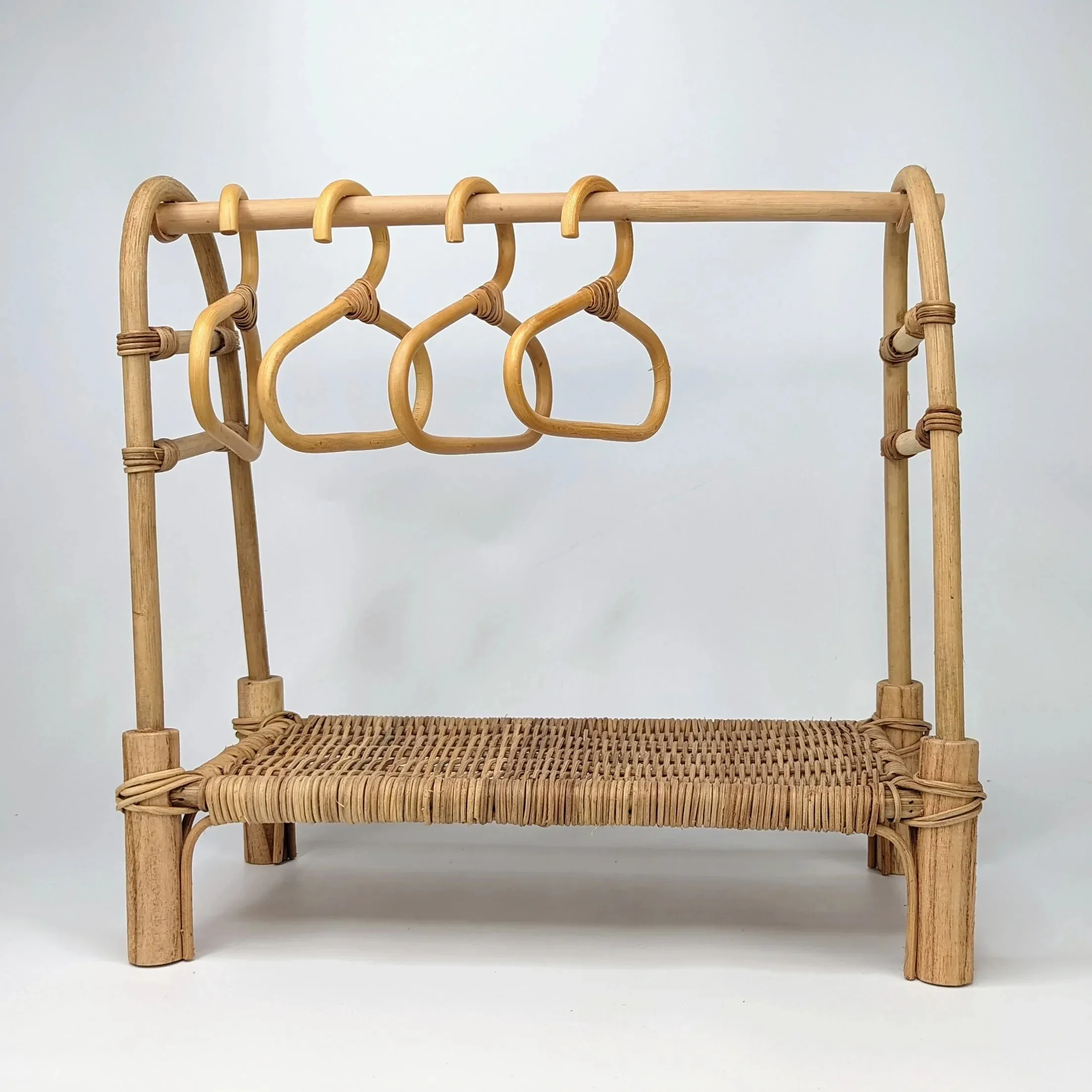 Kid interior natural rattan doll clothing rack mini rattan clothes rail rack for playing room kids room handmade