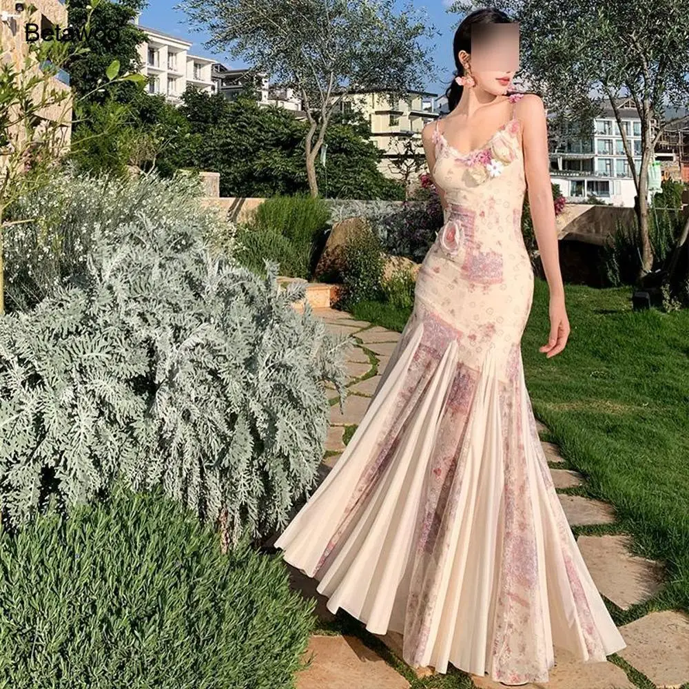 Damen-Maxikleid mit Blumenmuster, Meerjungfrauen-Stil, Spaghettiträgern, V-Ausschnitt, figurbetont, lässiges Strand- und Partykleid