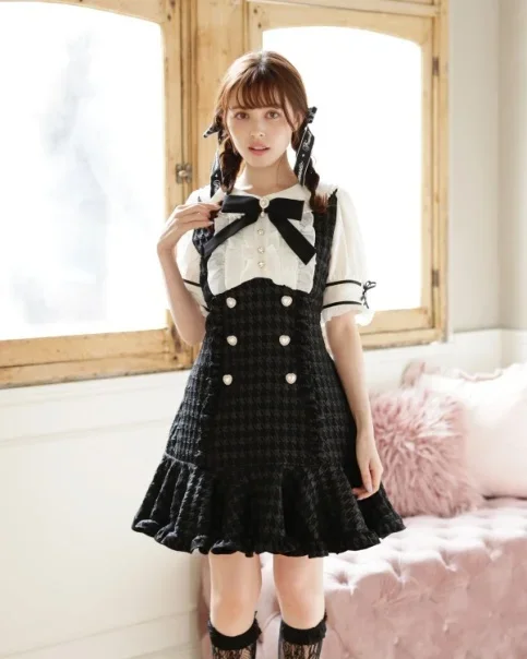 Liz Japanese Mine Mass-Produced Sweet Girl Double-breasted Dress Classic Style Bow Grid Slim Long Sleeve Tweed Dress for Women