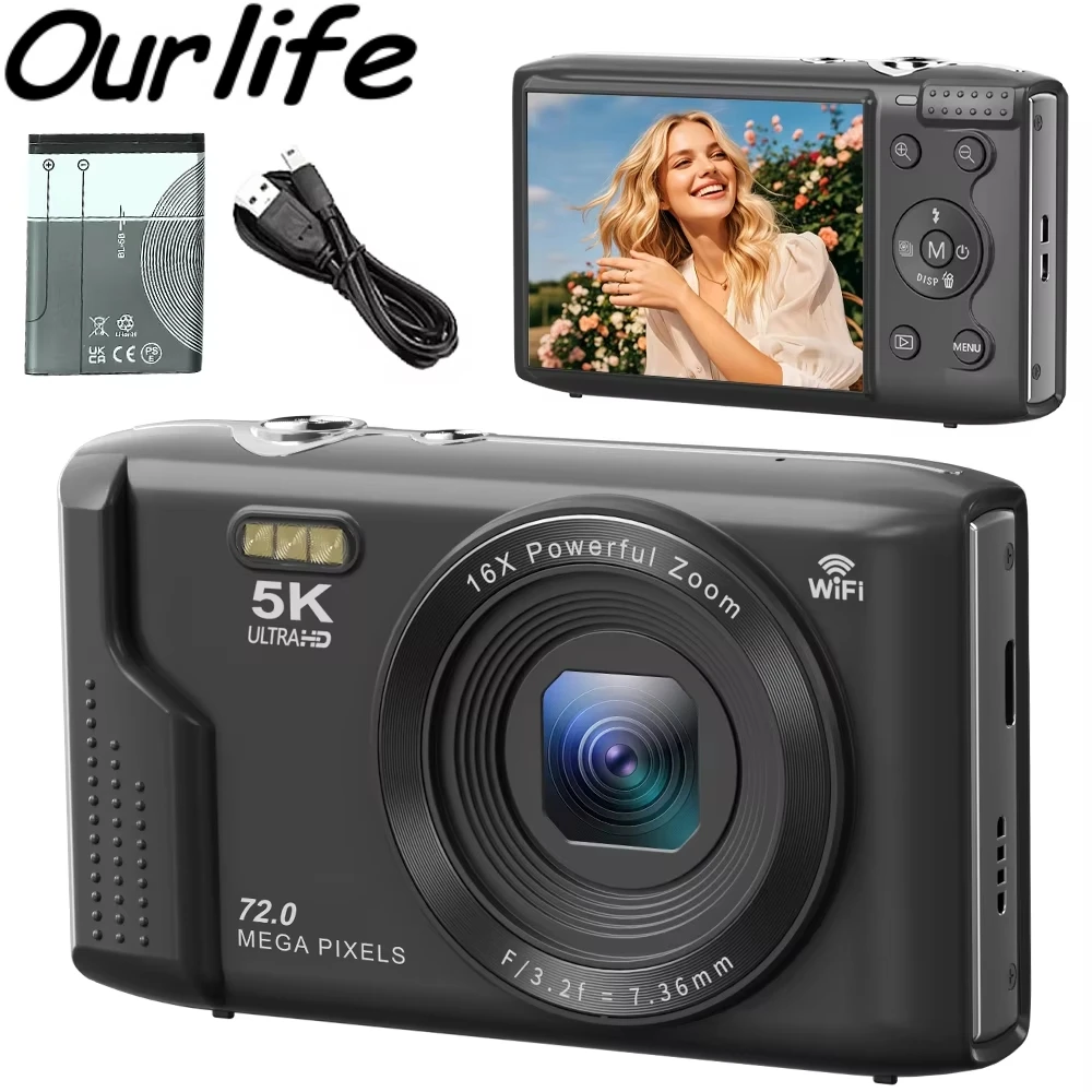 Ourlife Digitalkamera 5K 72MP 2,8-Zoll-LCD-Bildschirm 16-fach Zoom Vlogging-Kamera Vintage Vlog-Videorekorder für Jugendliche Erwachsene Anfänger