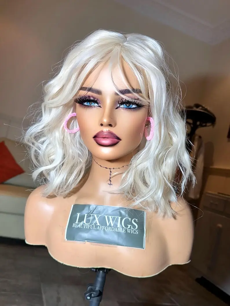 White Wig Short Lace Front Wig With Bangs 13x4 HD Body Wave Lace Frontal Wig Synthetic Pre Plucked Glueless On Clearance Sale