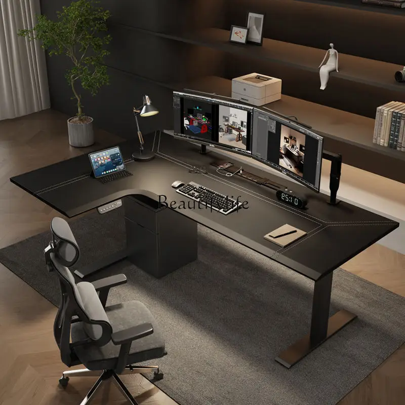 

1Corner Electric Lifting Table L-type Corner Leather Workbench Desk Household