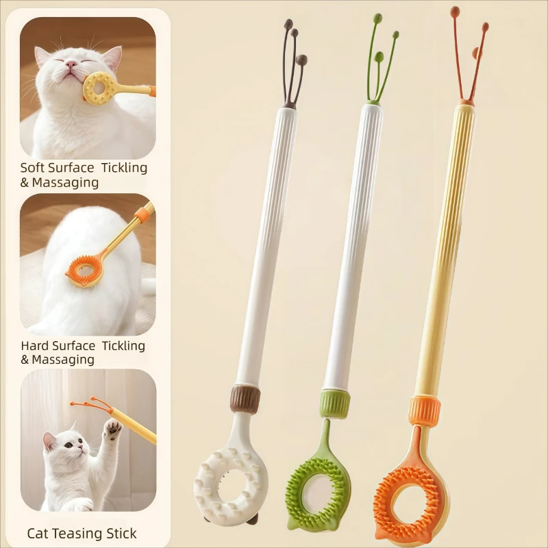 Brinquedo Interativo para Gatos 2 em 1: Varinha Retrátil para Estimulação e Massagem para Gatinhos – Alivia o Tédio – Produtos para Animais de Estimação