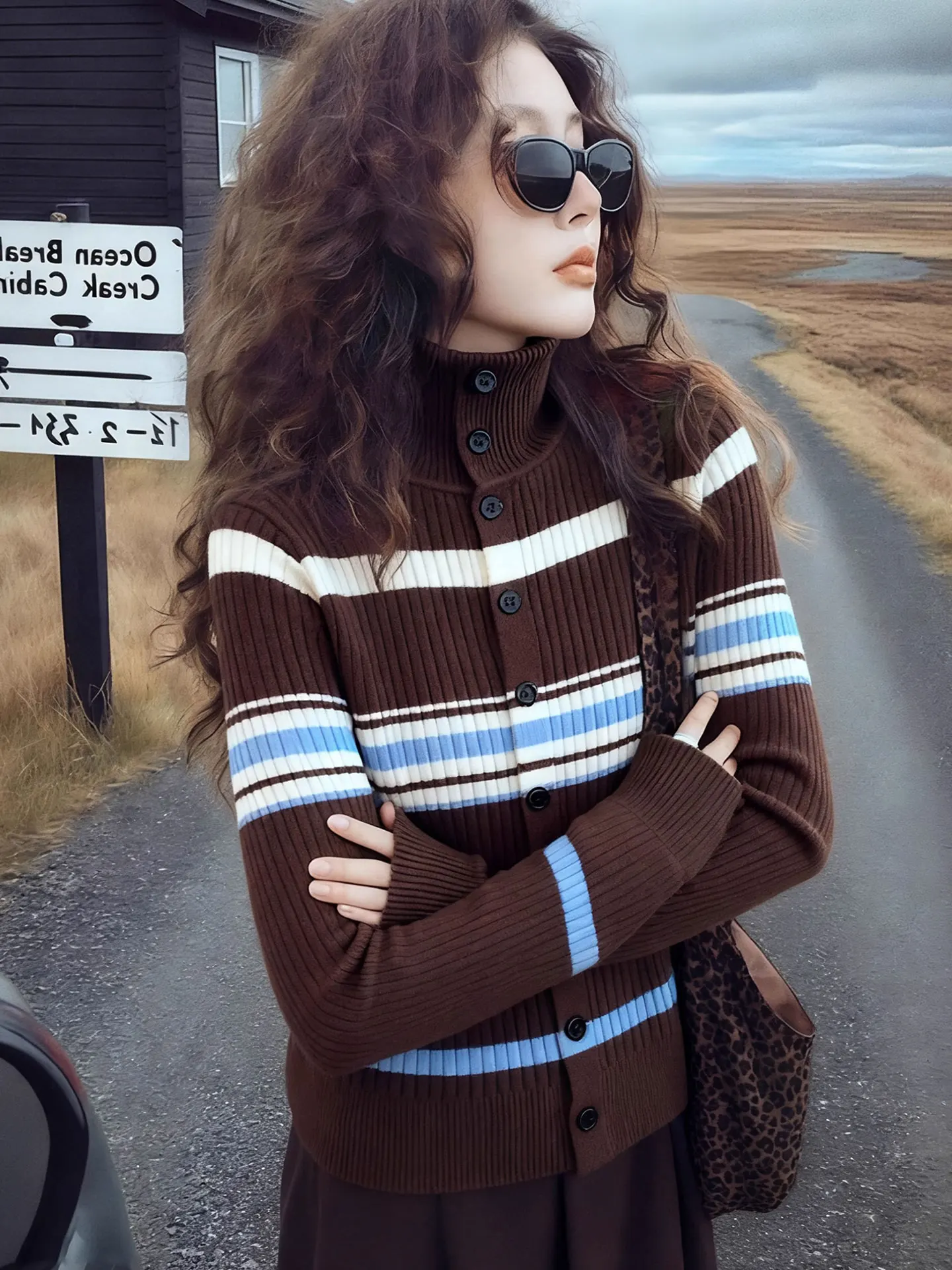 

High-End Knitted Sweater with Stripe Design High Collar Long Sve Single Button Winter Top for Women Soft Korean Sle