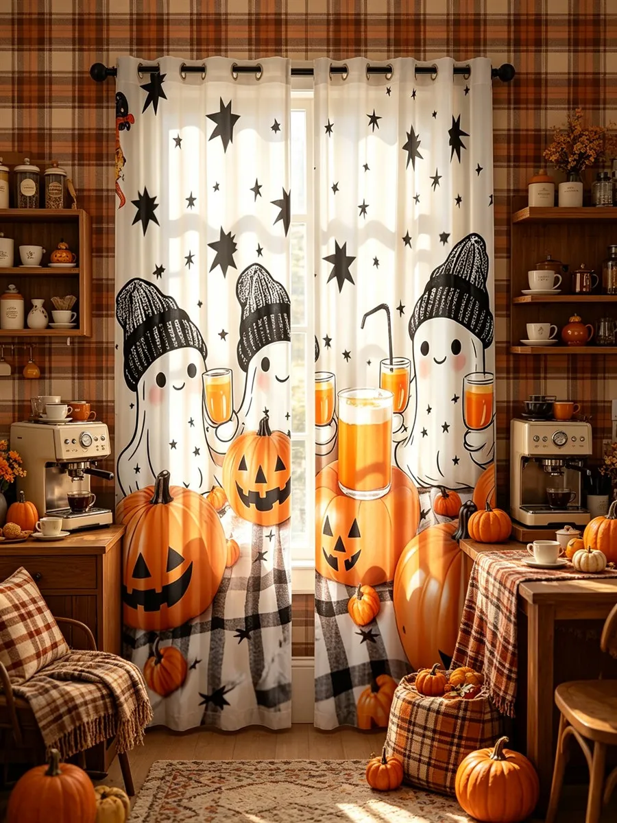 2PCS Halloween Digital Print Curtains, Ghost Pumpkin Coffee Latte, Cute Fall Autumn Plaid, Bedroom Living Room Home Decor