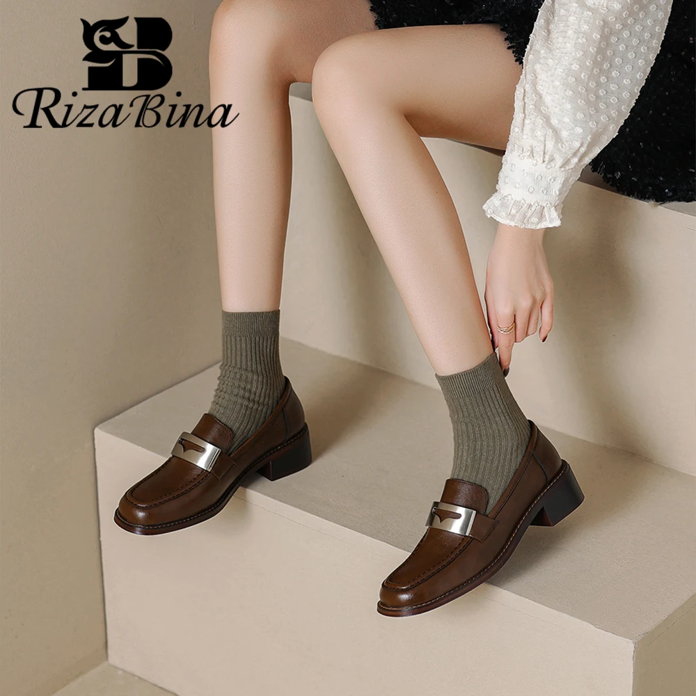 RIZABINA Genuine Leather Penny Loafers For Women Round Toe Metal Buckle Flats Slip-on Retro Vintage Ladies Casual Shoes Handmade