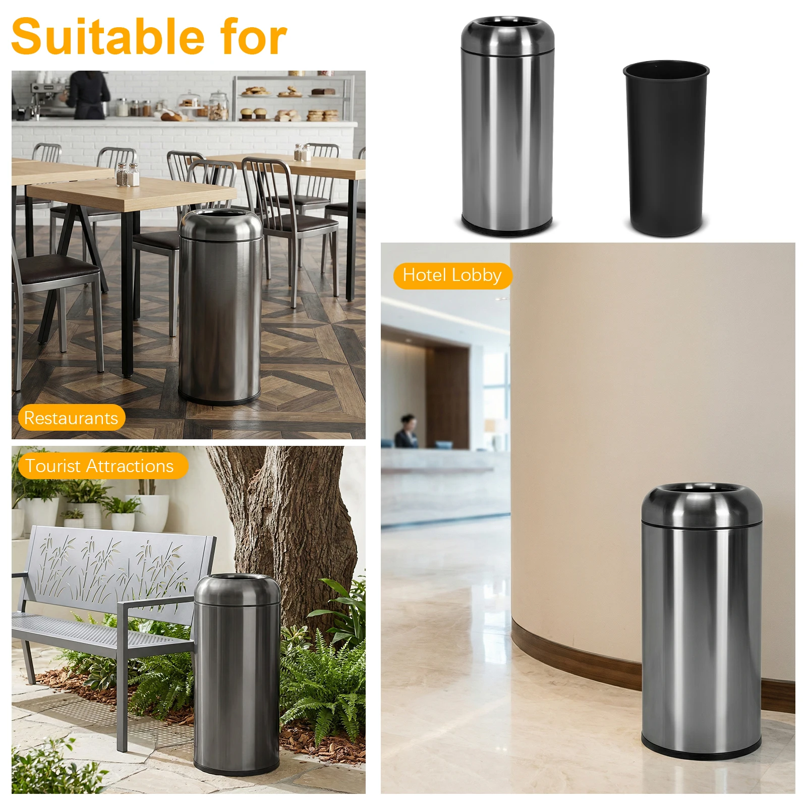 

16 Gallon Industrial Waste Container with Detachable Lid Round Outdoor Trash Bin Wear Resist for Home/Office/Restaurant/Restroom