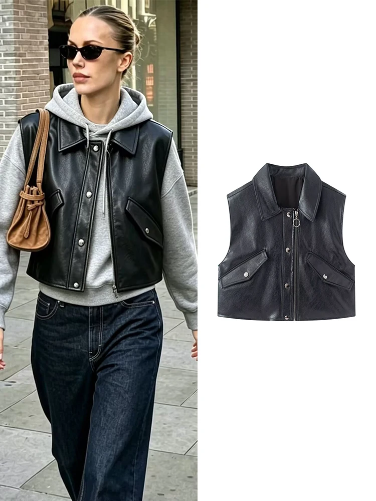 TFMLN 2026 Women PU Vest Solid Color Lapel Coat Moto Biker Waistcoat Sleeveless Female Faux Leather Zipper Jacket Autumn New