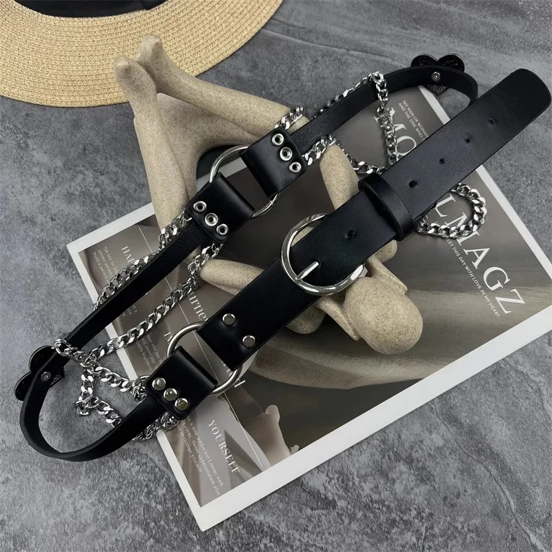 Women's Fashion Metal Chain PU Leather Punk Corset Female Cummerbund Coat Waistband Dress Decration Wide Belt J1625