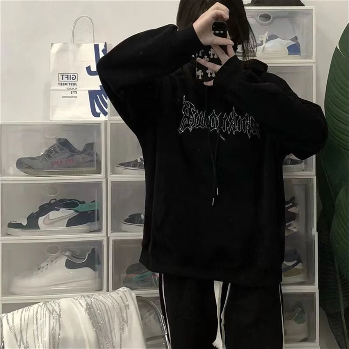 Fashion Diamonds Wings Print Hoodie Women Winter Autumn Black Tops Ulzzang Hip Hop Harajuku Pullover Hooded Hoodie Sweatshirts