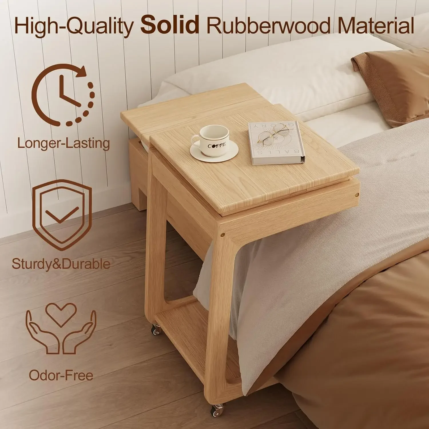 Solid Wood C Shaped End Table for Couch, Oak Couch Desk | C Table with Wheels, Rolling Side Table with Storage, Adjustable