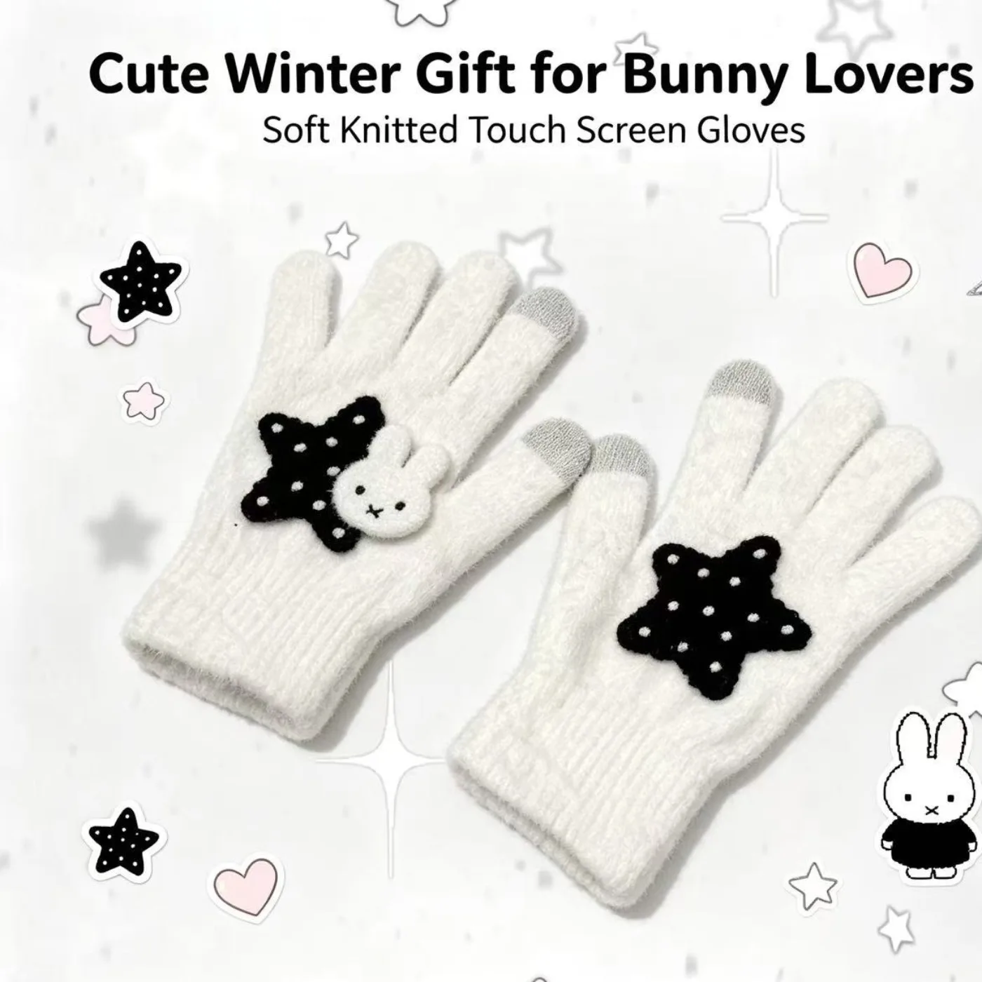 Miffy Bunny Winter Touchscreen Gloves Cute Star Decor Knitted Full Finger Gloves Soft Warm Anti-slip Girls Outdoor Daily Wear