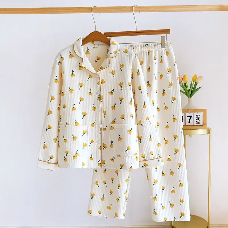 2023 Herbst/Winter neue Frauen Pyjama Set Baumwolle verdickt zweiteilig Set süße Blume nach Hause große Set Pyjamas Nachtwäsche