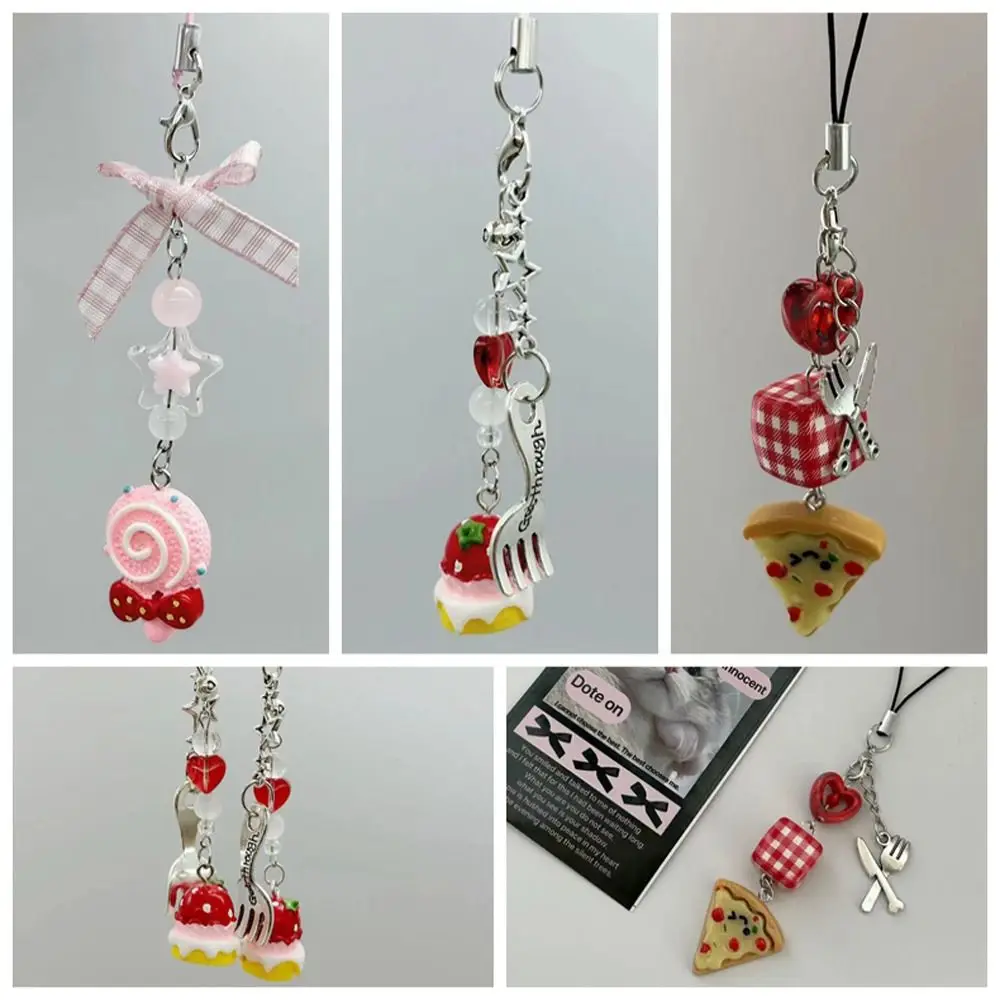 Ice Cream Mobile Phone Lanyard Phone Charms Folk Spoon Food Phone Chain Pendant Beaded Phone Strap Telephone Jewelry