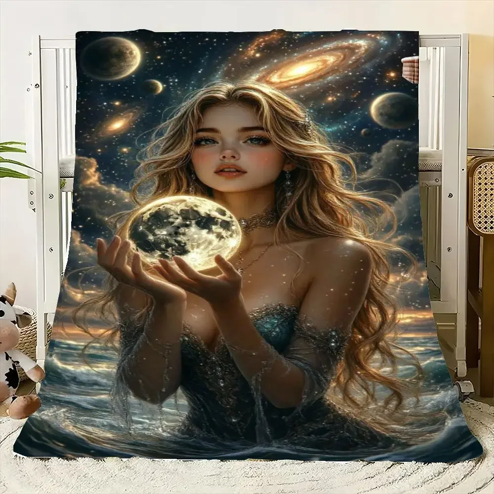 Enchanting Oceanic Fantasy Blanket - Soft Fluffy Throw Featuring a Mystic Blonde Woman Holding a Glowing Moon, Draped in a Dark