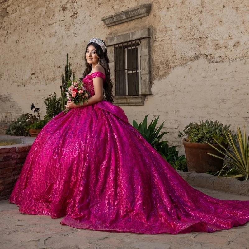 Mexican Rose Red Shiny Quinceanera Dress Ball Gown Off Shoulder Beads Crystal Bow Tull Corset Sweet 16 Vestidos 15 De Anos